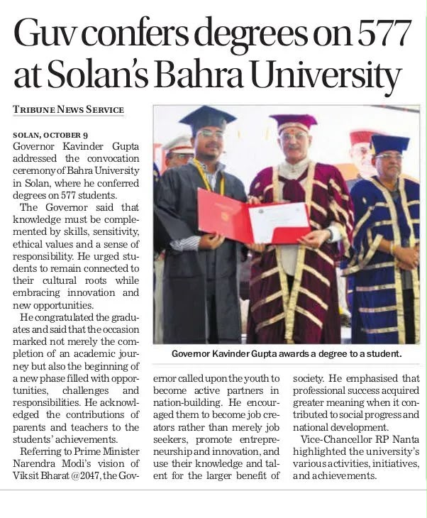 Guv confers degrees on 577 at Solan’s Bahra University .